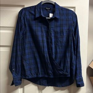 Madewell Wrap Front Button Front Blue Plaid Shirt